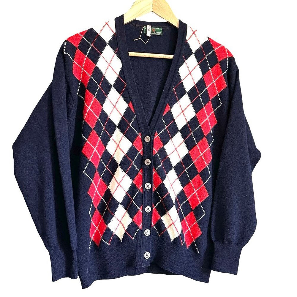 Vintage The Scotch House Argyle Cardigan 100% Lambswool Scotland 44